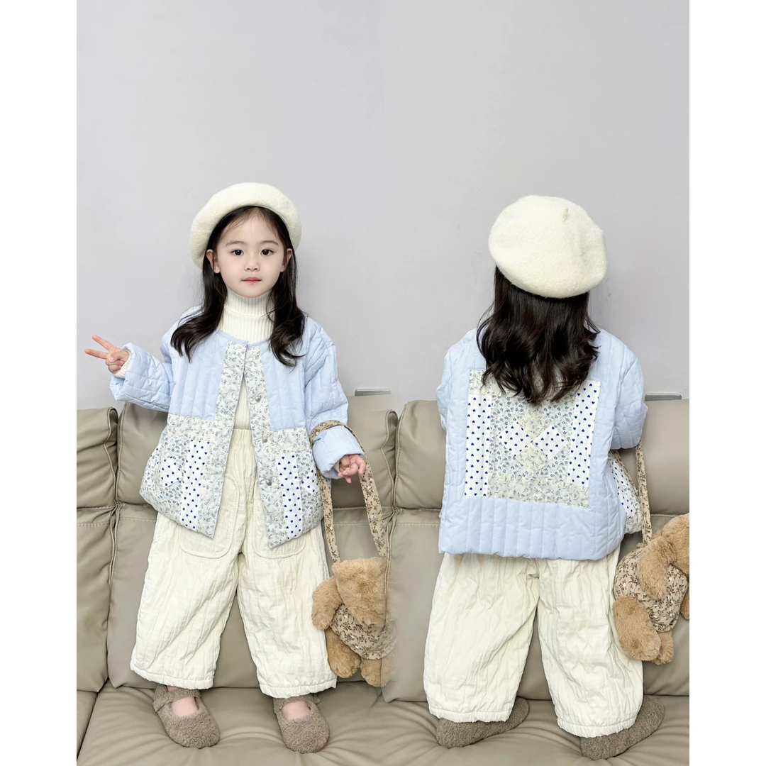 女童韩版复古碎花棉服外套2023冬女宝休闲夹棉棉袄轻薄款保暖上衣
