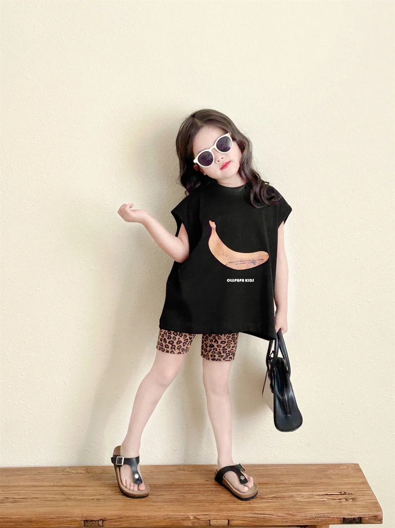 【现货】25夏儿童卡通香蕉T恤中长款韩版宽松短袖上衣T豹纹骑行短裤