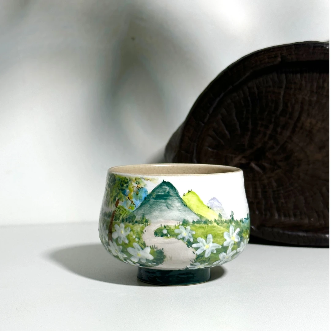 【烟火】石一手绘雪山山野主人杯纯手作釉下彩主人杯陶瓷茶杯日用