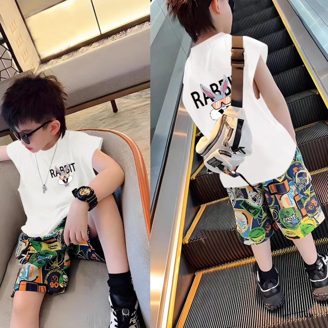 儿童夏季无袖套装男女童圆领休闲宽松背心短裤两件套儿童节