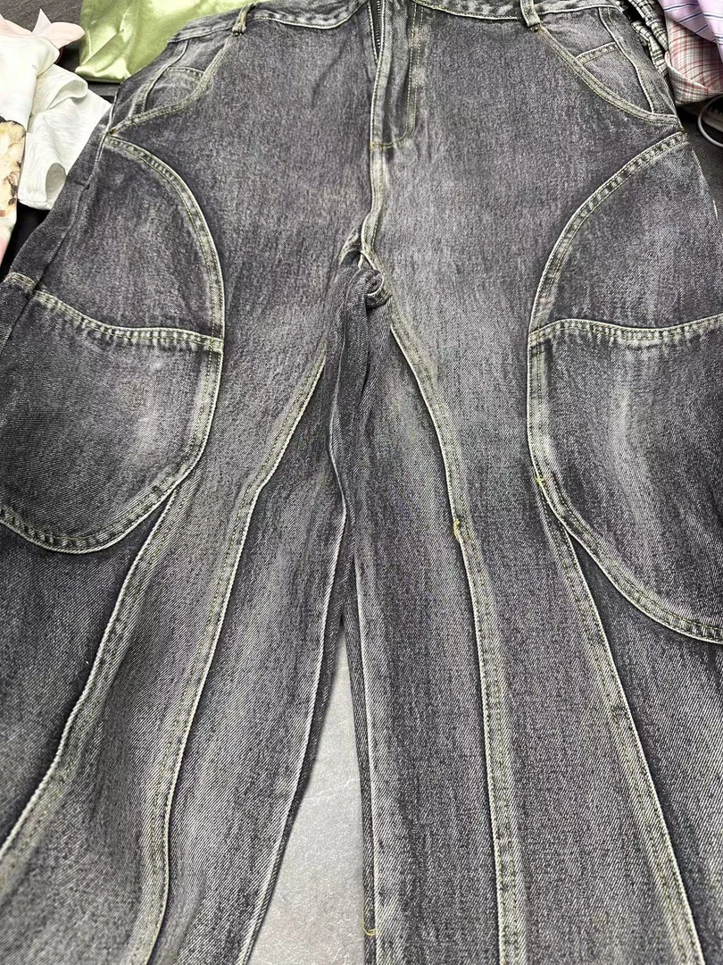 A29-2黑灰色“线条拼接”牛仔裤（016）
