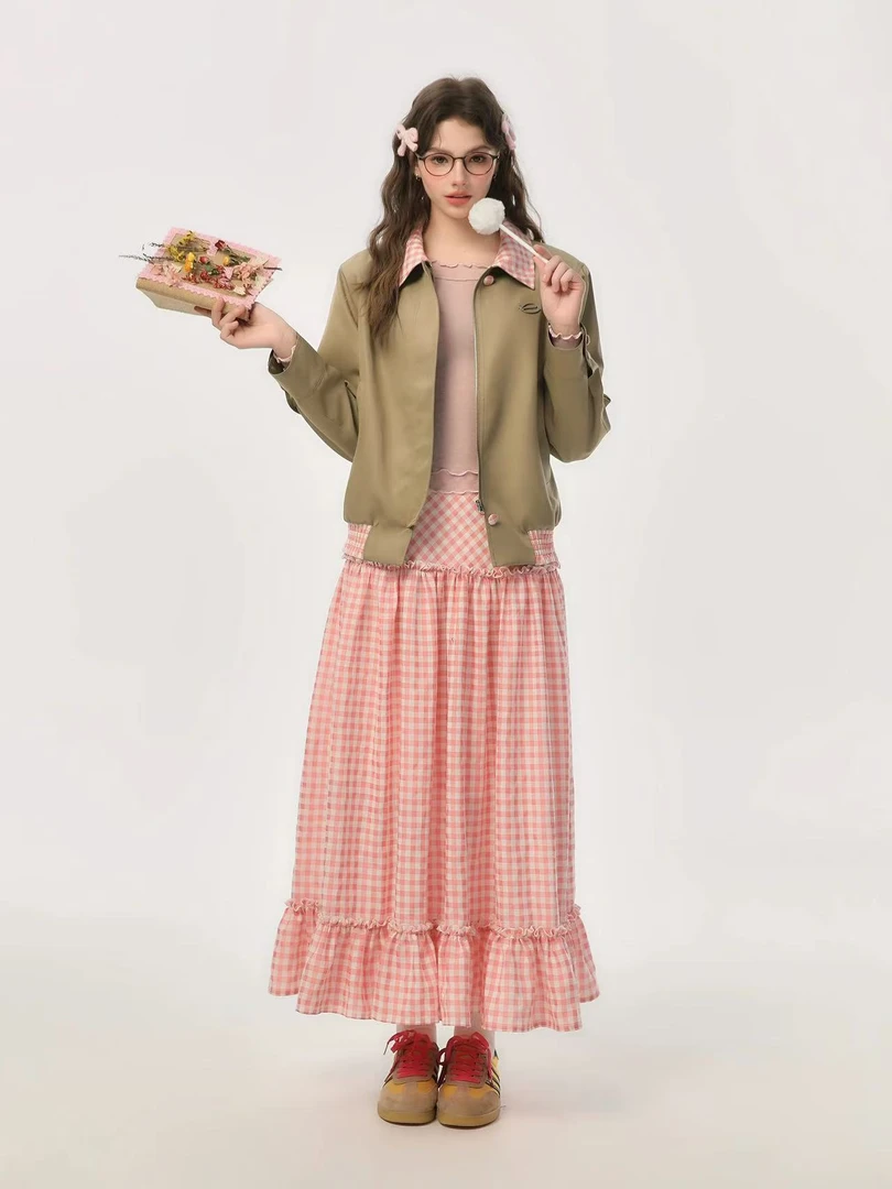 C37/40/41-2-3-4两色“热情桑巴”外套格纹半身裙套装