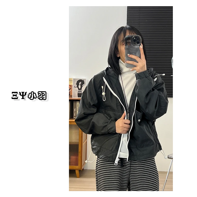【小羽家】778休闲百搭长袖外套女春秋韩版宽松连帽纯色外套上衣