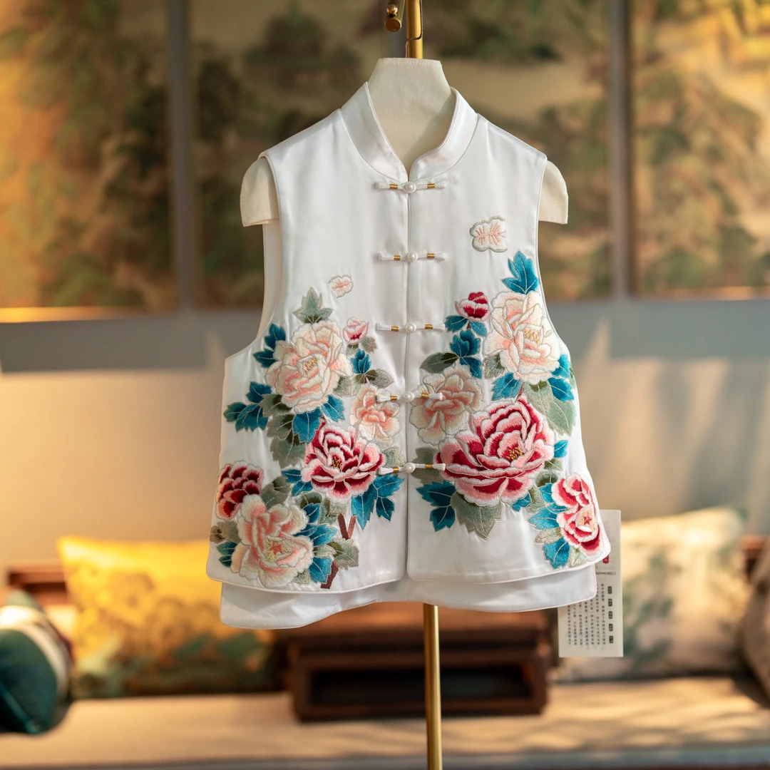 蓝大【婀娜】醋酸重工牡丹刺绣马甲9638