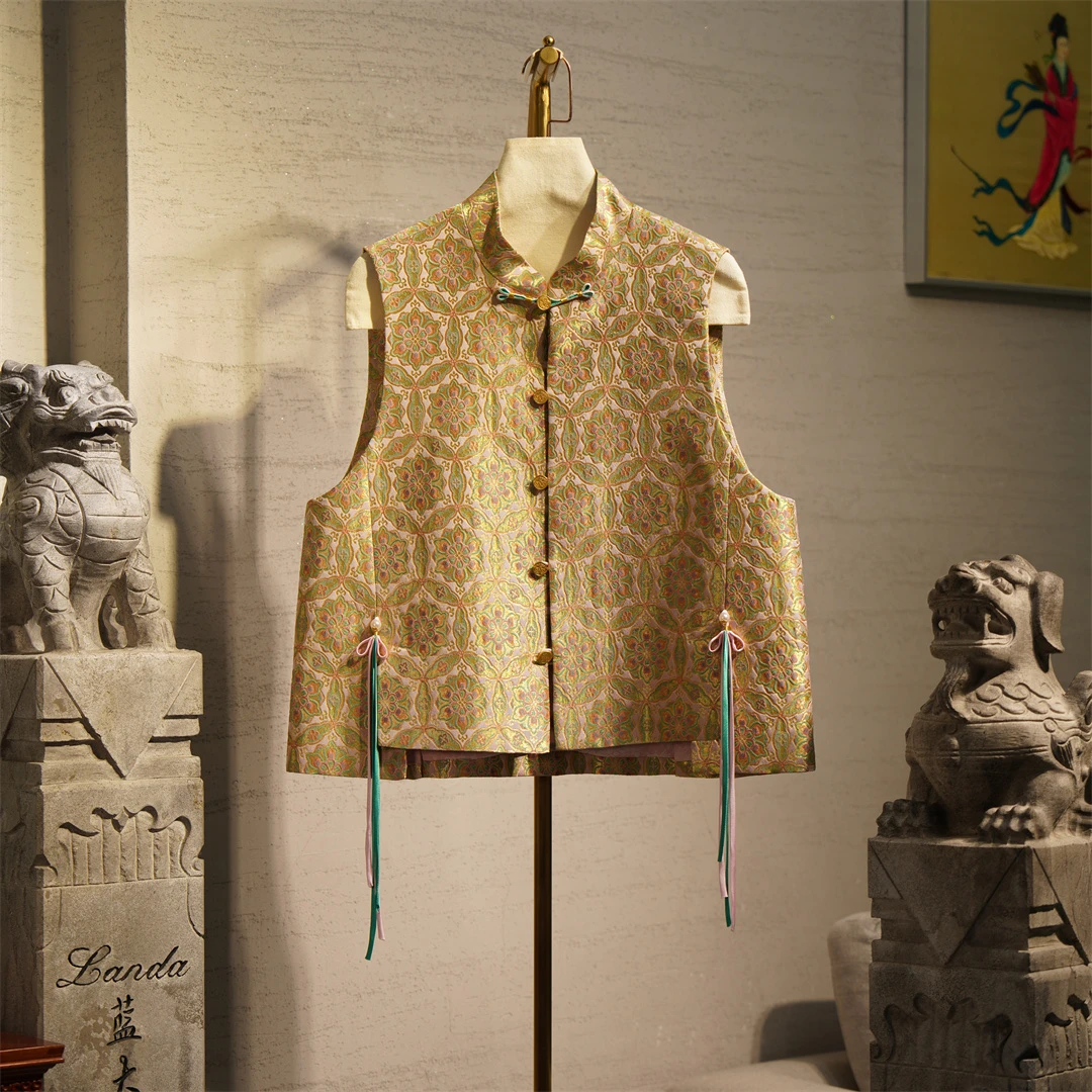 蓝大【芷云】桑蚕丝时尚马甲黄色提花9893