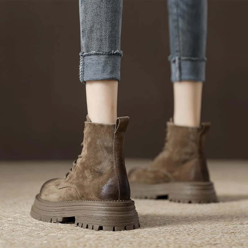 松糕厚底增高洋气显瘦磨砂皮马丁靴女款2024年女士复古英伦风短靴