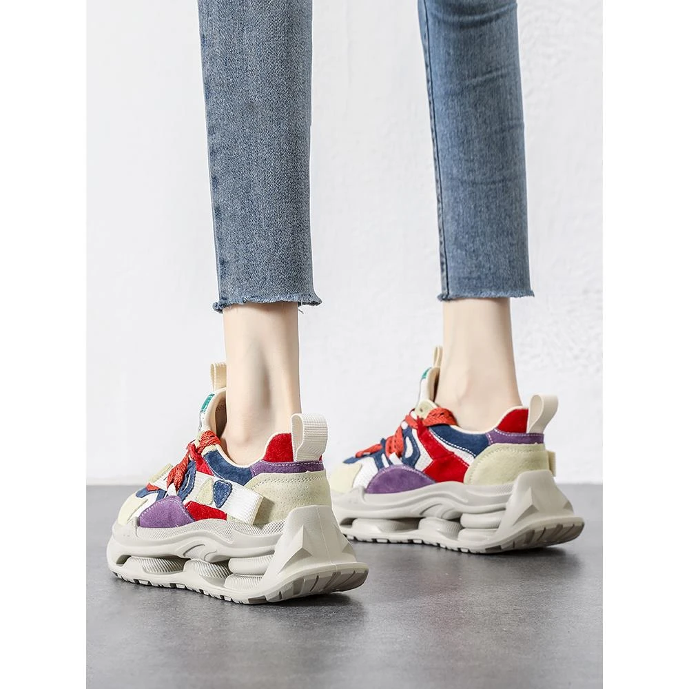 复古运动鞋软底真皮老爹鞋彩色2025春款女鞋新款轻便休闲鞋女圆头