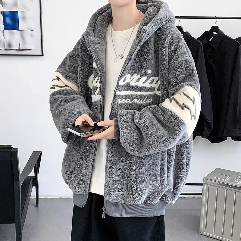 2023新款羊羔毛外套男冬季加绒加厚保暖棉衣男生百搭连帽棉服袄子