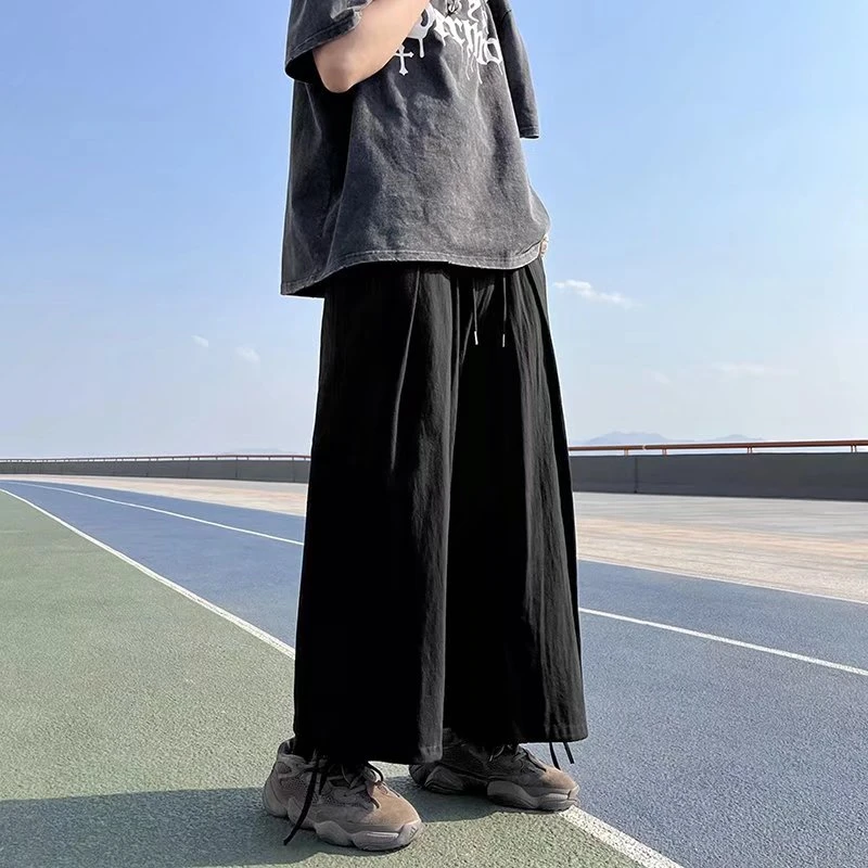 黑武士裤子男款秋季薄款棉麻慵懒坠感工装裤设计感抽绳束脚九分裤
