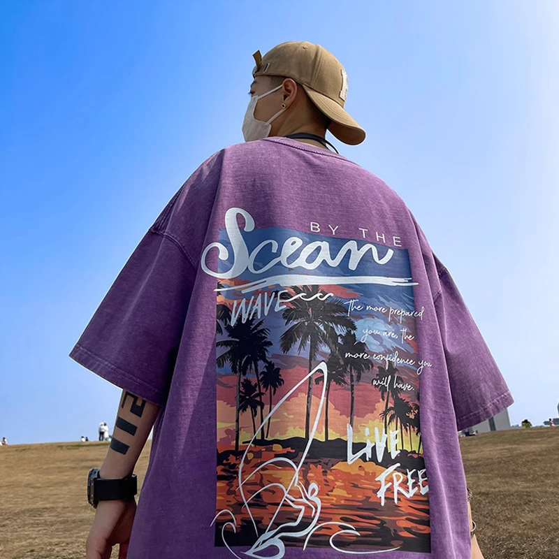 紫色水洗做旧短袖男潮牌潮流重磅320g美式复古T恤高街嘻哈七分袖