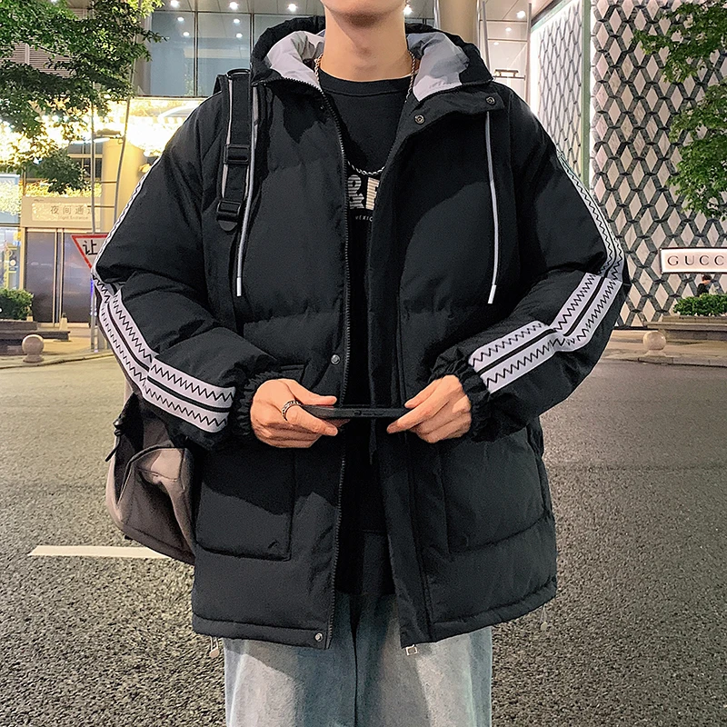 2024冬季新款棉衣男加厚连帽侧边条纹晋江棉服潮流宽松面包服外套