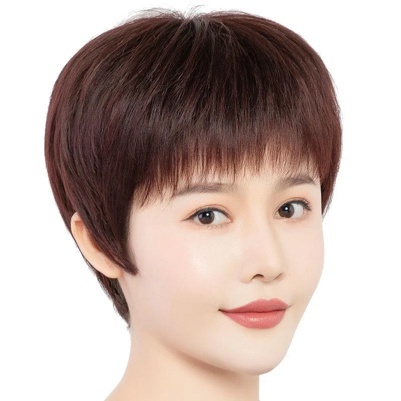 夏天轻薄脱发假发女短直发中老年妈妈全头套自然真发混丝女士假发