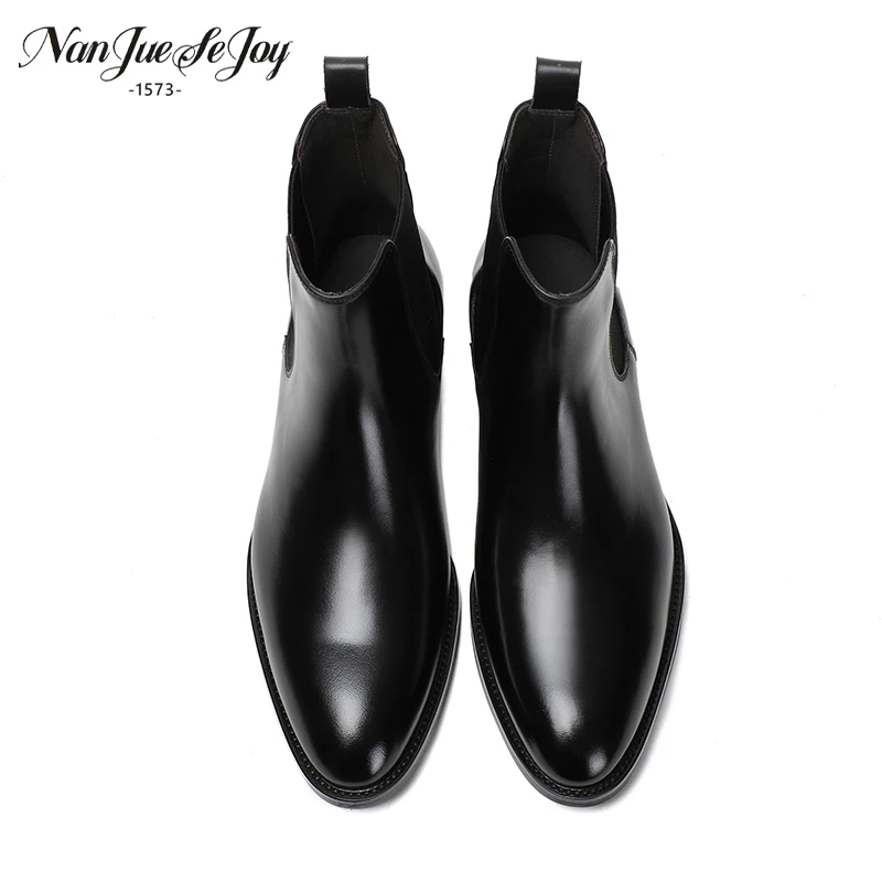 男爵世家切尔西靴圆头男手工靴子真皮皮鞋正装英伦风黑色短靴秋冬