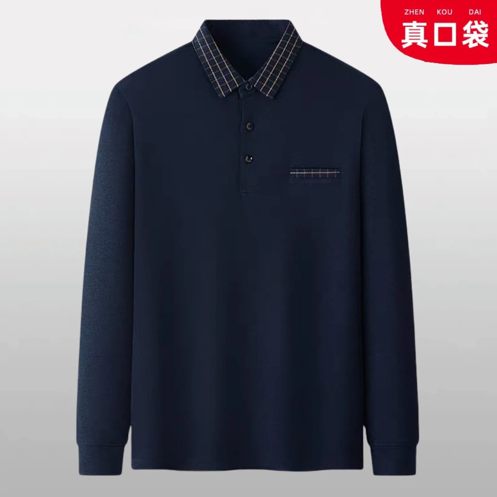 中年爸爸秋季长袖t恤真口袋男士休闲翻领Polo衫中老年男装上衣服