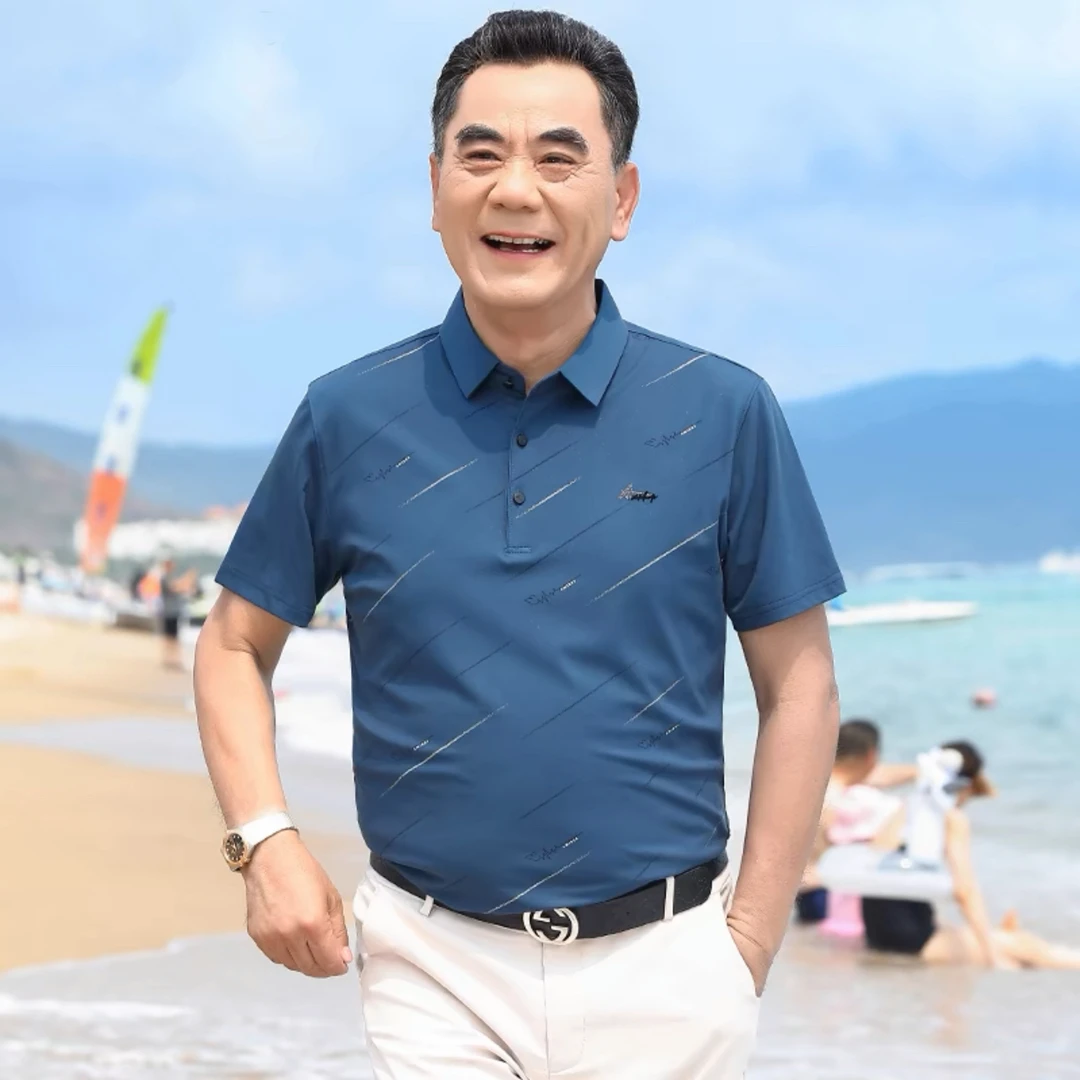爸爸短袖t恤夏装中年男士半袖冰丝polo衫中老年人夏季上衣爷爷装