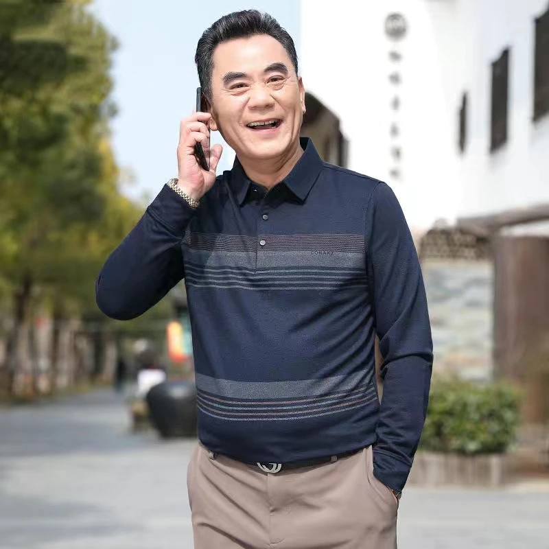 春秋季中年爸爸t恤长袖男装商务休闲polo衫中老年男士丝光棉上衣
