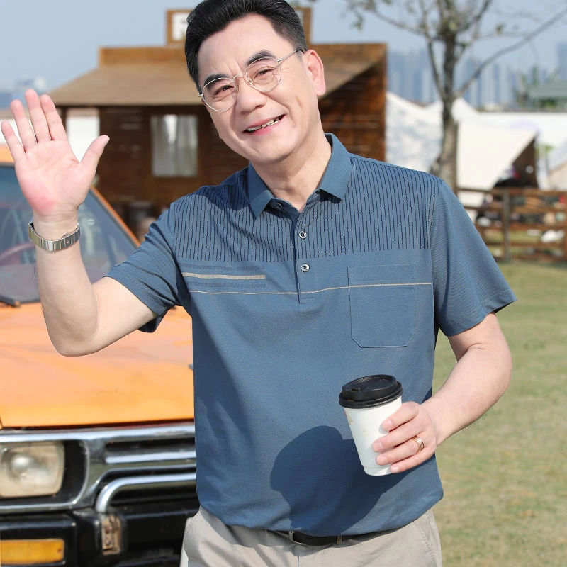 爸爸装夏装新款短袖T恤中年男士翻领上衣中老年人衣服男装薄款