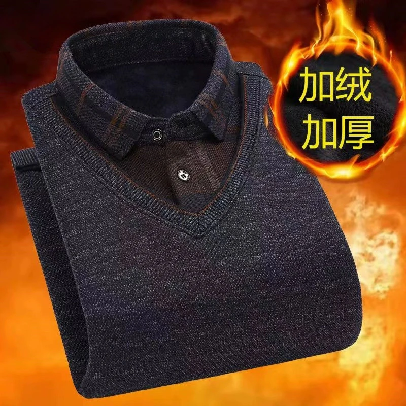 爸爸毛衣加绒加厚中年假两件保暖衣打底衫中老年人男装爷爷秋冬装