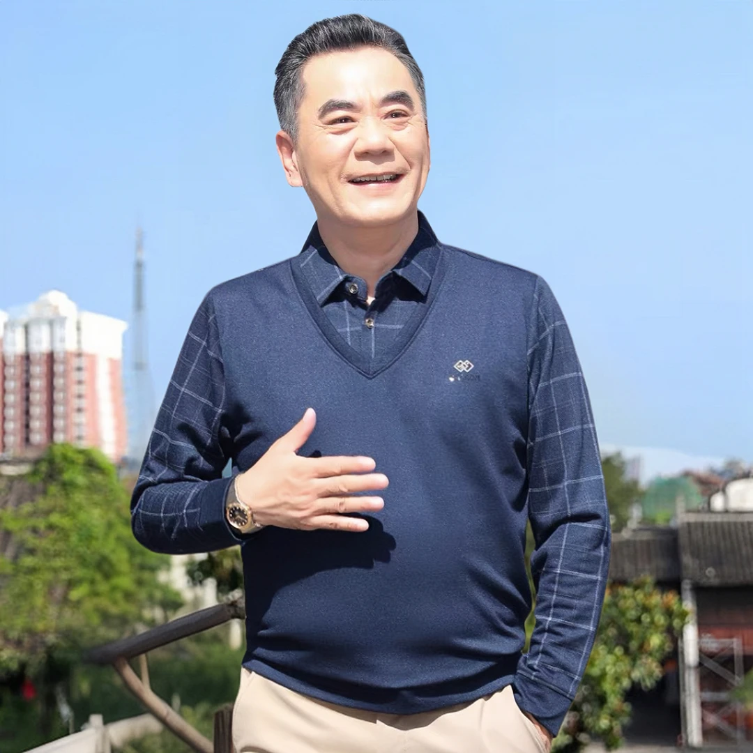 爸爸春秋装长袖t恤中年男士假两件上衣中老年爷爷休闲打底衫上衣