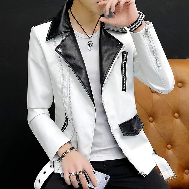 啄木鸟男士短款皮衣男春秋季机车皮夹克古巴领斜拉链个性夜场外套