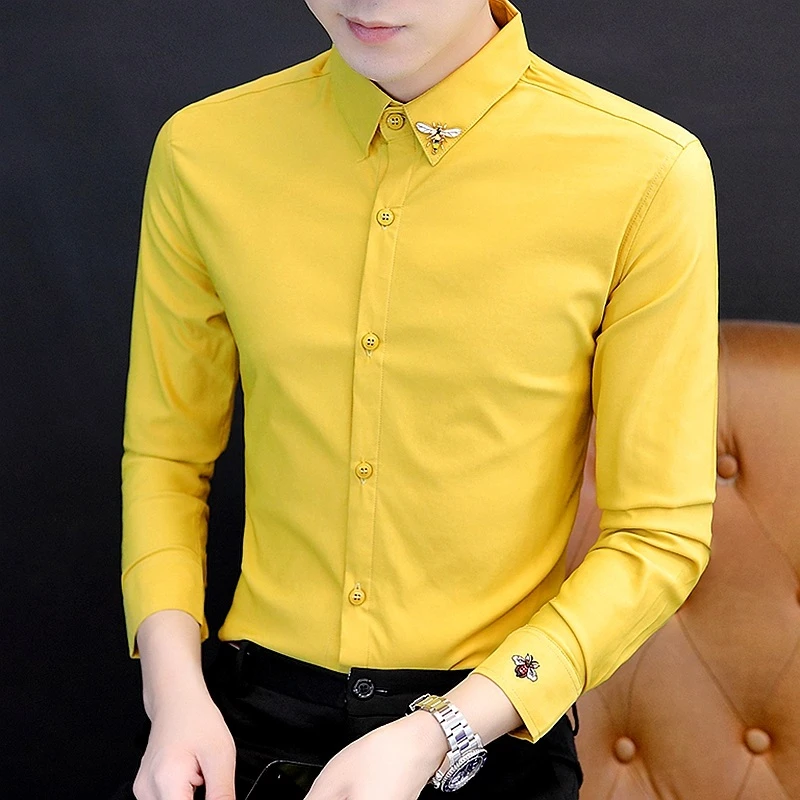 啄木鸟男士个性刺绣小蜜蜂衬衫英伦纯色休闲衬衣潮牌精神小伙男装