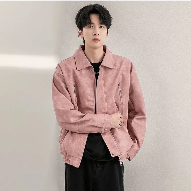 翻领pu皮夹克外套男2024春秋季新款潮牌复古男生痞帅机车服皮衣男