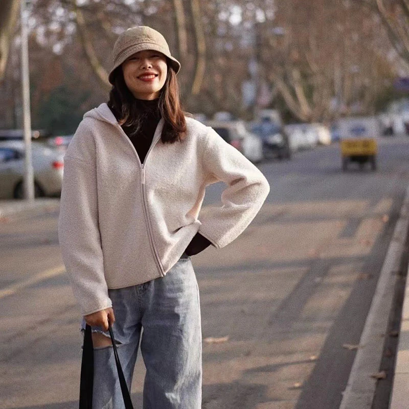 （摇粒绒连帽外套）秋冬季加厚连帽宽松韩版时尚休闲长袖外套G