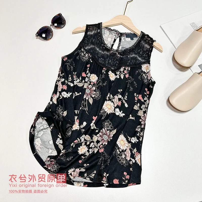 (碎花无袖背心)夏季精致蕾丝拼接时尚舒适柔软无袖外穿背心W