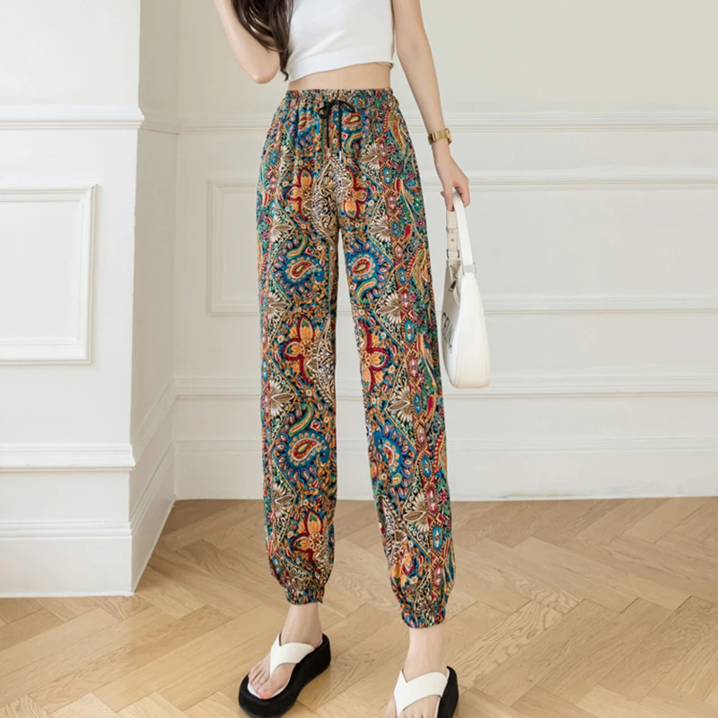 （凤尾花束脚裤）复古民族风印花休闲灯笼束脚高腰阔腿裤C