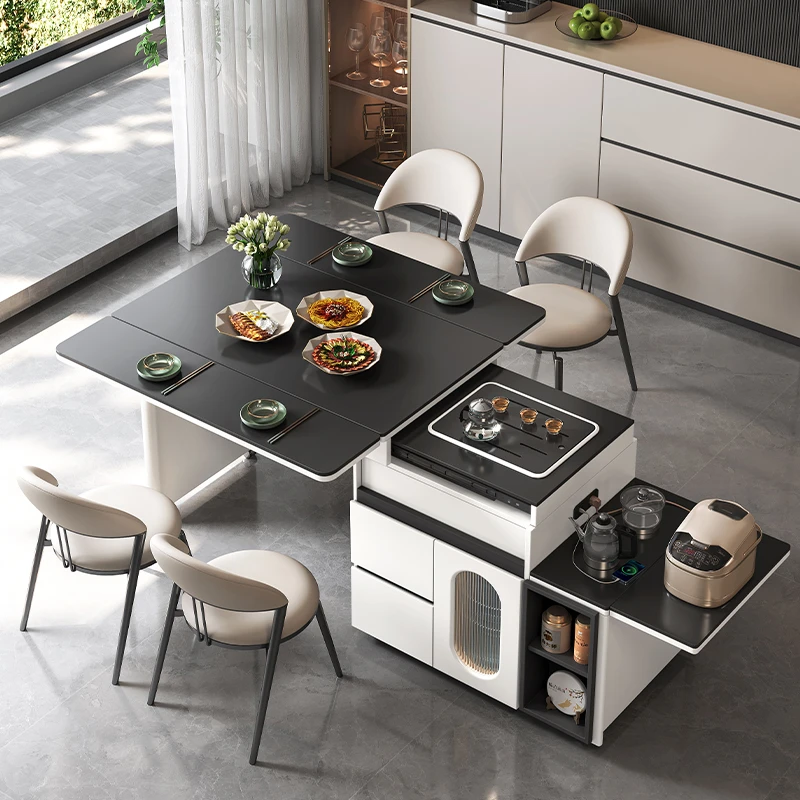 家用岩板餐桌椅组合小户型可移动伸缩折叠饭桌岛台餐茶桌一体边柜