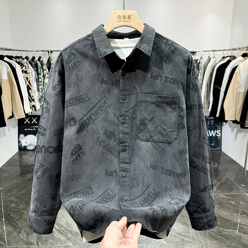 欧货高端潮牌工装长袖衬衫男春秋款印花潮流宽松轻奢青年痞帅衣服