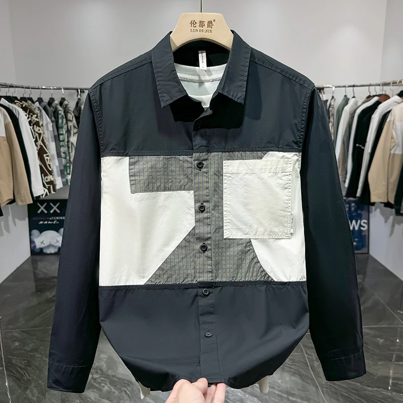 个性拼接轻奢潮牌2024新款春秋季长袖衬衫男纯棉男士长袖春秋款
