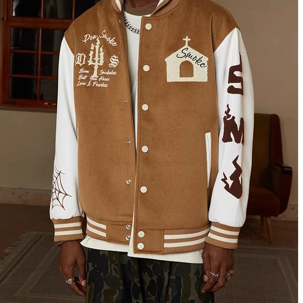 DONSMOKE古堡棒球服国潮拼接夹棉夹克休闲复古