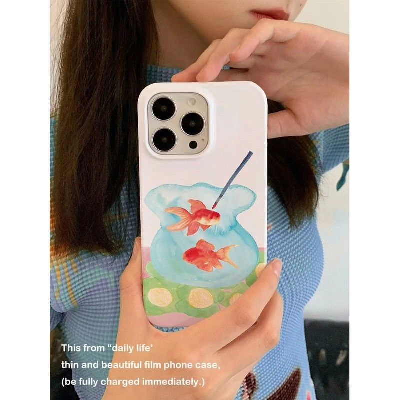 画笔下的金鱼苹果16promax手机壳iPhone15双层14Pro菲林13Plus