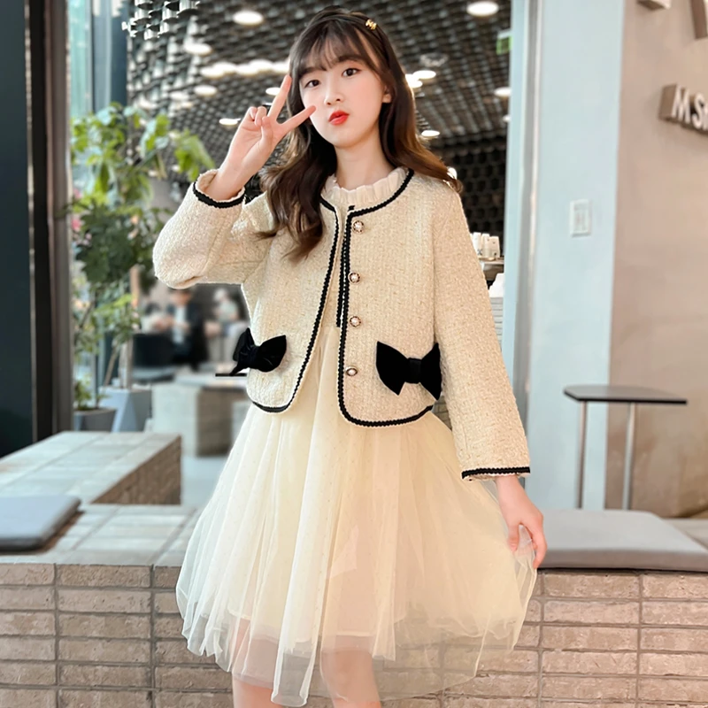 女童女宝套装新款小香风洋气春秋公主裙毛呢加厚中大童外套二件套