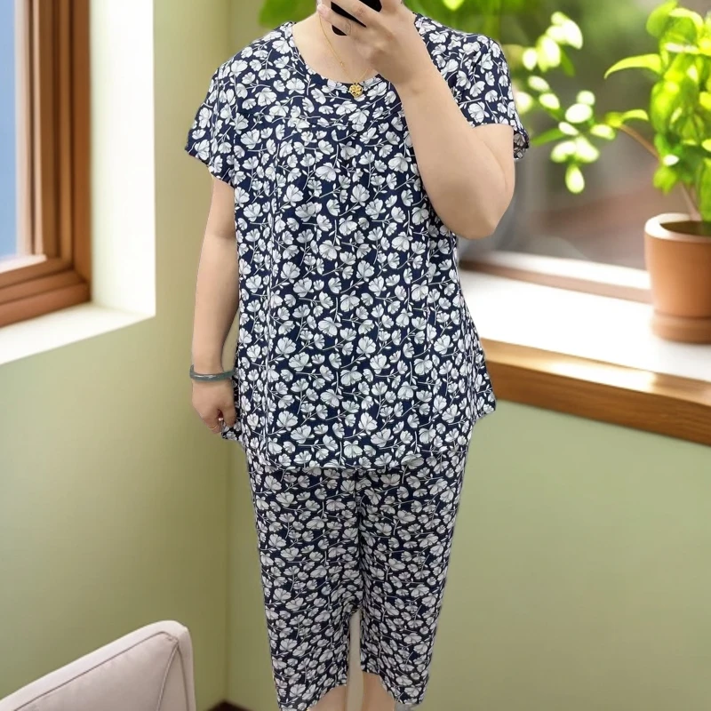 夏季女士薄款大码宽松中老年妈妈装加大棉绸睡衣家居服七分裤套装