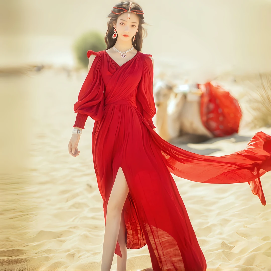 新疆西藏青海异域风情旅游度假长裙云南露肩拍照红色连衣裙子981