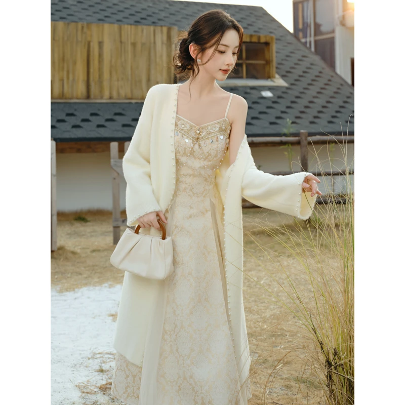 【流光香槟】法式小众设计高级感宫廷风亮片吊带连衣裙&外套8681