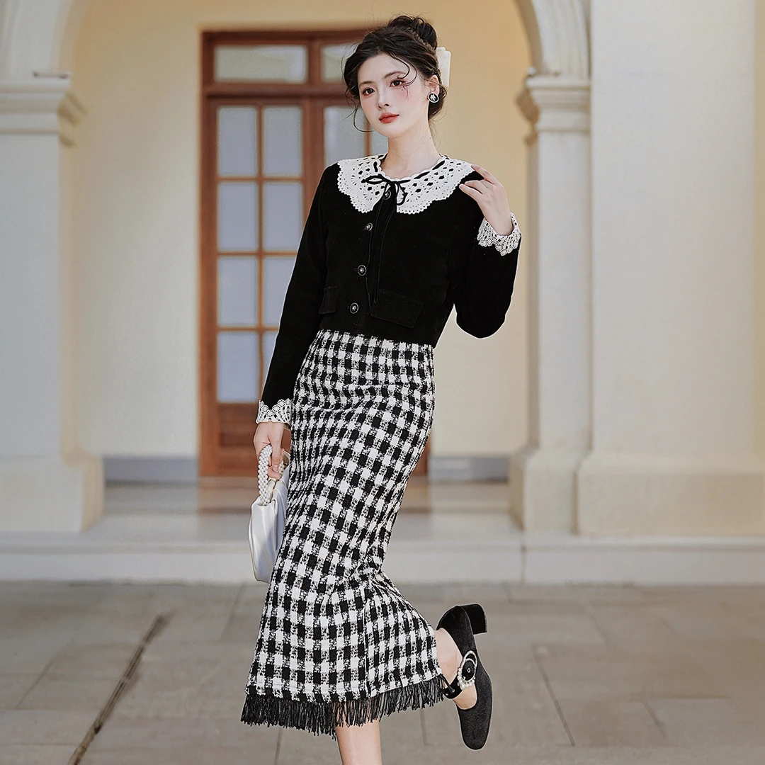 法式娃娃领夹棉黑色短款外套&千鸟格流苏高腰半裙小香风套装裙855