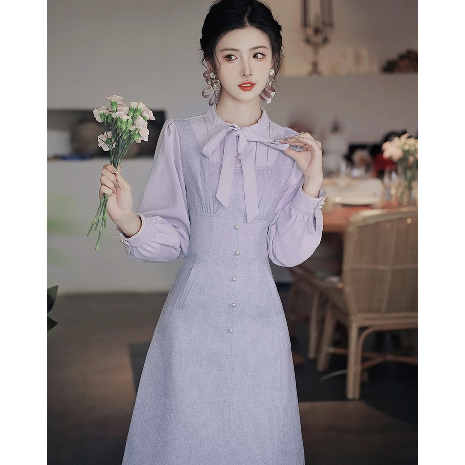 法式茶歇高级感紫色浪漫连衣裙秋季新款女神范绝美假两件背带长裙