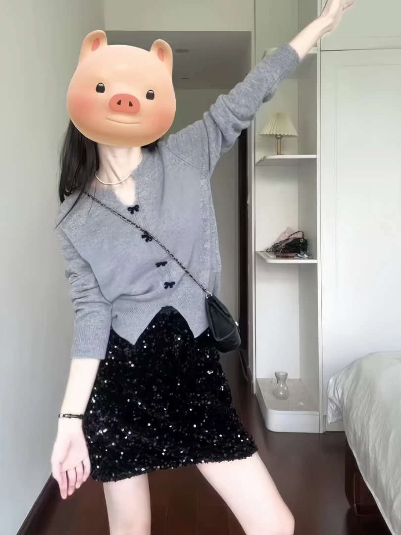 早秋穿搭简约气质休闲百搭长袖针织上衣+高腰显瘦半裙A8002