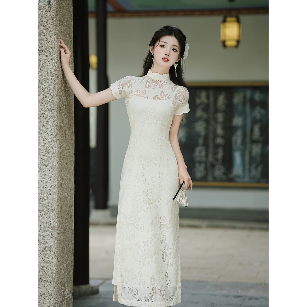 新中式复古国风气质开襟改良旗袍设计感花瓣领少女蕾丝连衣裙1147