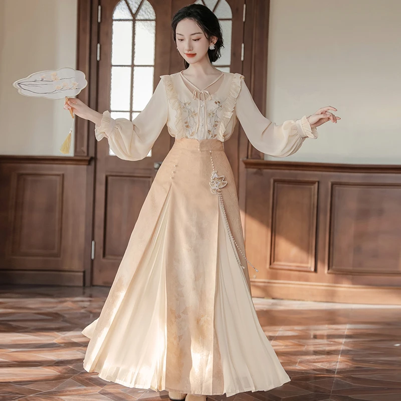 新中式国风高级感汉服女改良汉元素三裥裙日常仙气春秋套装裙8541