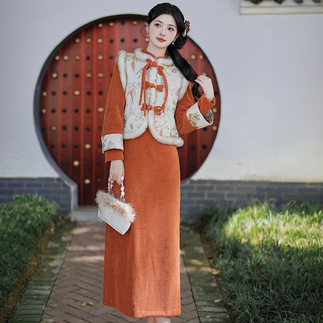 新中式复古国风少女加绒改良旗袍&毛毛拼接马甲&加厚冬季外套860