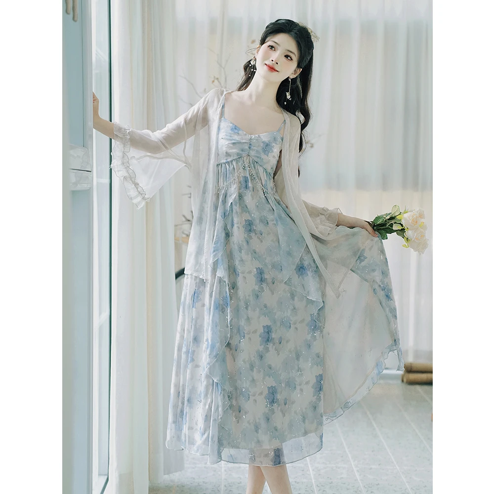 夏季法式温婉气质小清新碎花吊带裙高腰荷叶边长裙配防晒开衫8008