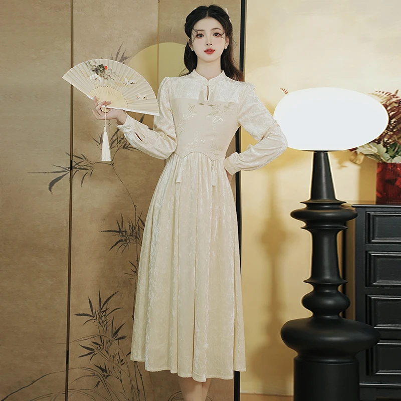 新中式复古国风盘扣改良旗袍修身显瘦秋冬丝绒长裙&外搭套装2422