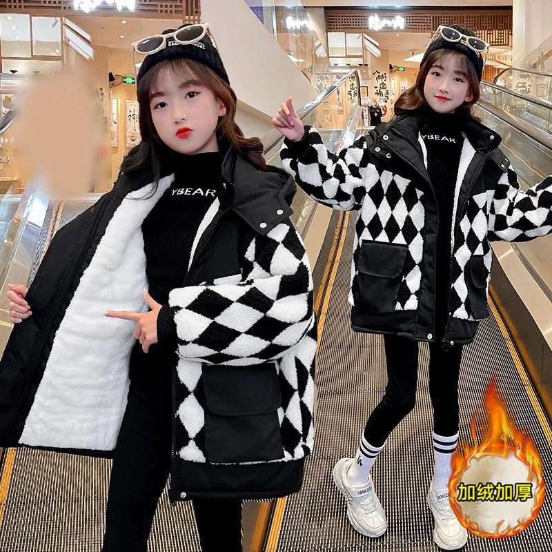女童特厚羊羔绒外套冬装加厚夹棉毛毛棋盘格棉衣洋气中大童派克服