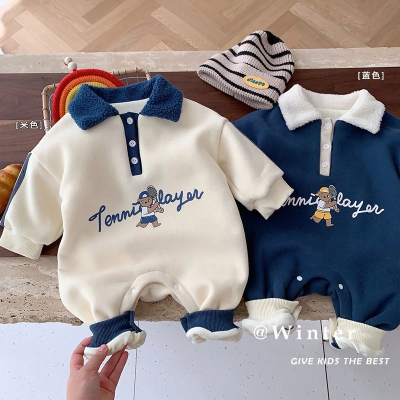 冬季婴儿加绒保暖连体衣2023年新款洋气翻领卡通可爱宝宝爬服哈衣