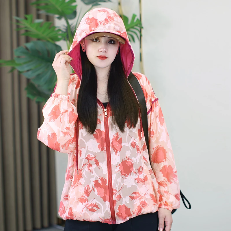 设计款原创碎花连帽防晒衣女2025夏大码防紫外线洋气印花防晒外套