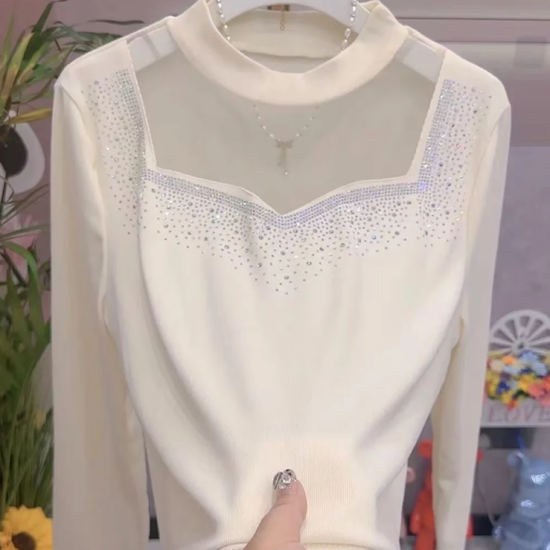 白胖美大码冬季新款烫钻网纱拼接气质减龄百搭小衫